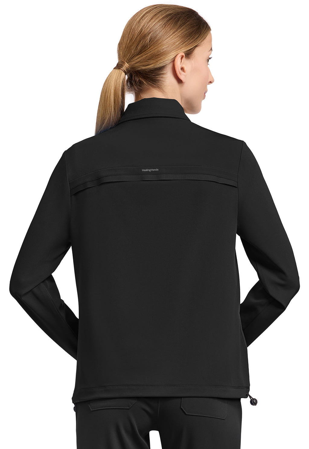 Back view of Healing Hands HH321 Scrub Jacket in the colour black.