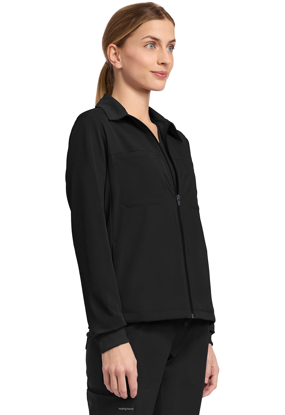 Side view of Healing Hands HH321 Scrub Jacket in the colour black.