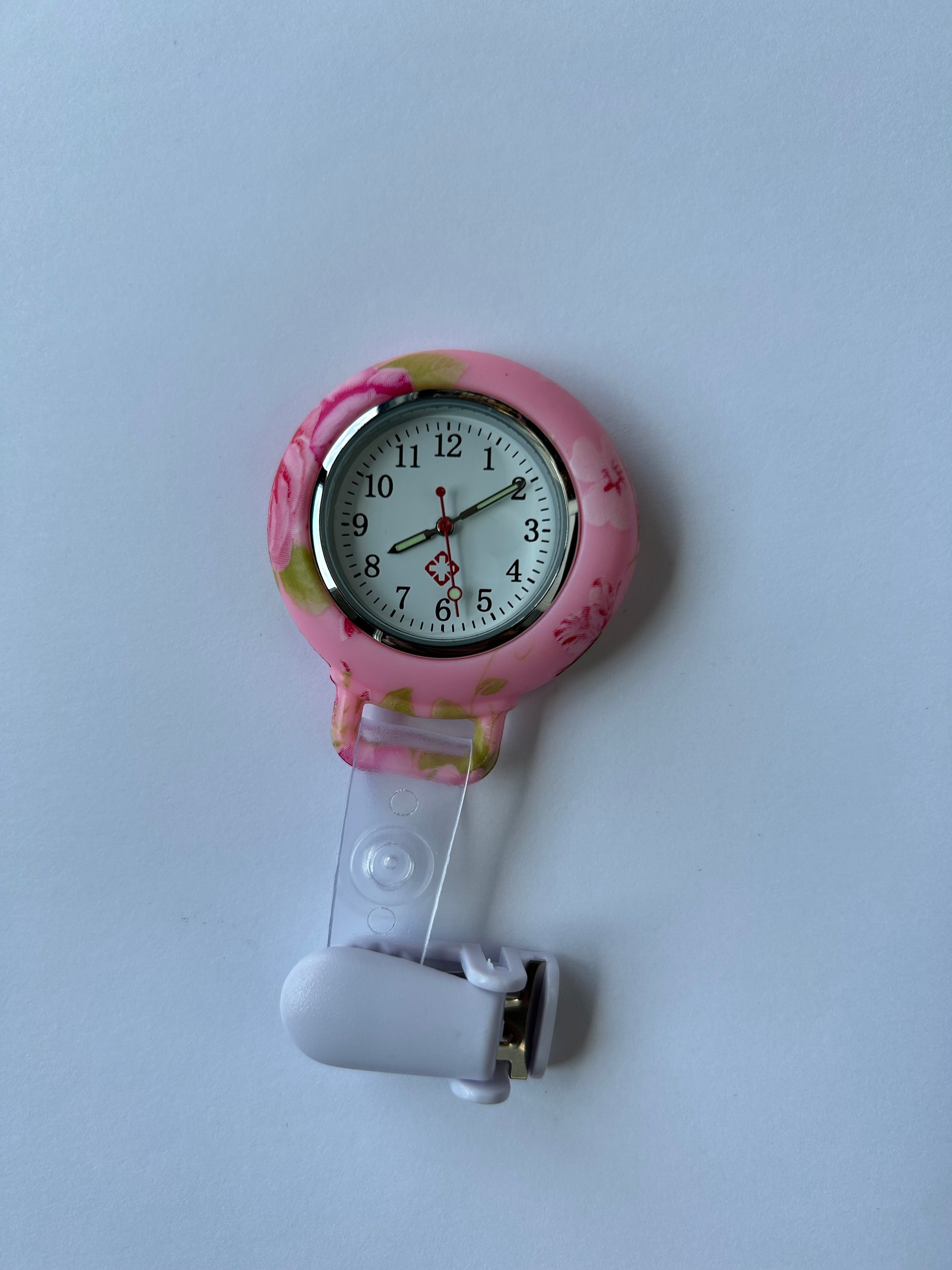 Clip On Analog Nurse Watch Clip Watch Lasalle Uniform Pink Flowers  