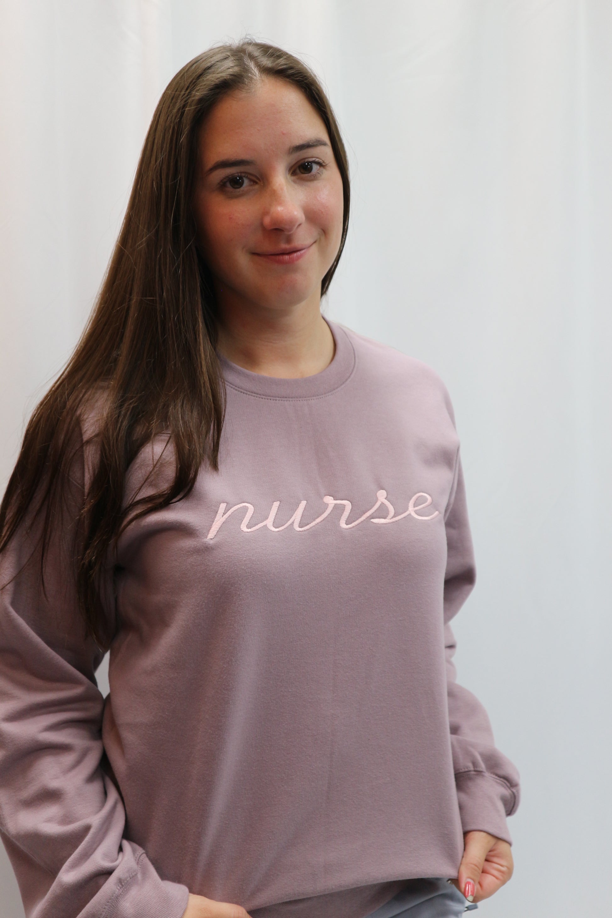 NURSE Cursive Crewneck Sweatshirt Crewneck Sweatshirt Lasalle Uniform Pink XS 