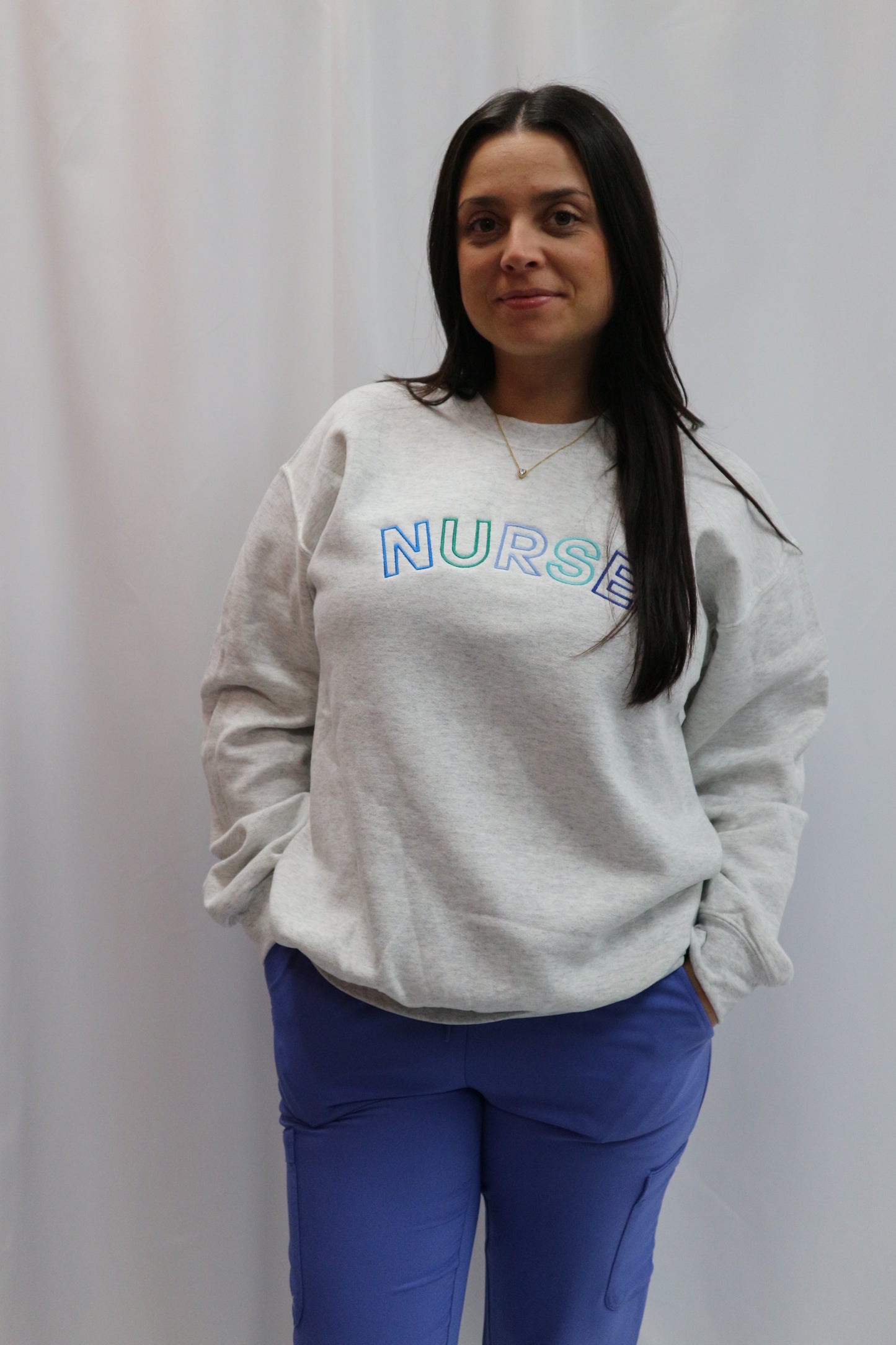 NURSE Crewneck Sweatshirt Crewneck Sweatshirt Lasalle Uniform Ash with Blue Green Font XS 