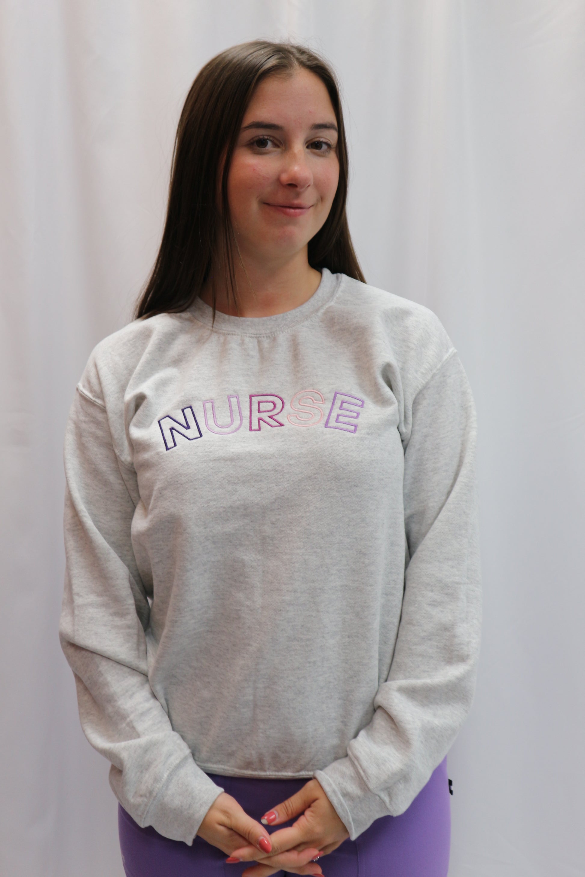 NURSE Crewneck Sweatshirt Crewneck Sweatshirt Lasalle Uniform Ash with Purple Pink Font XS 