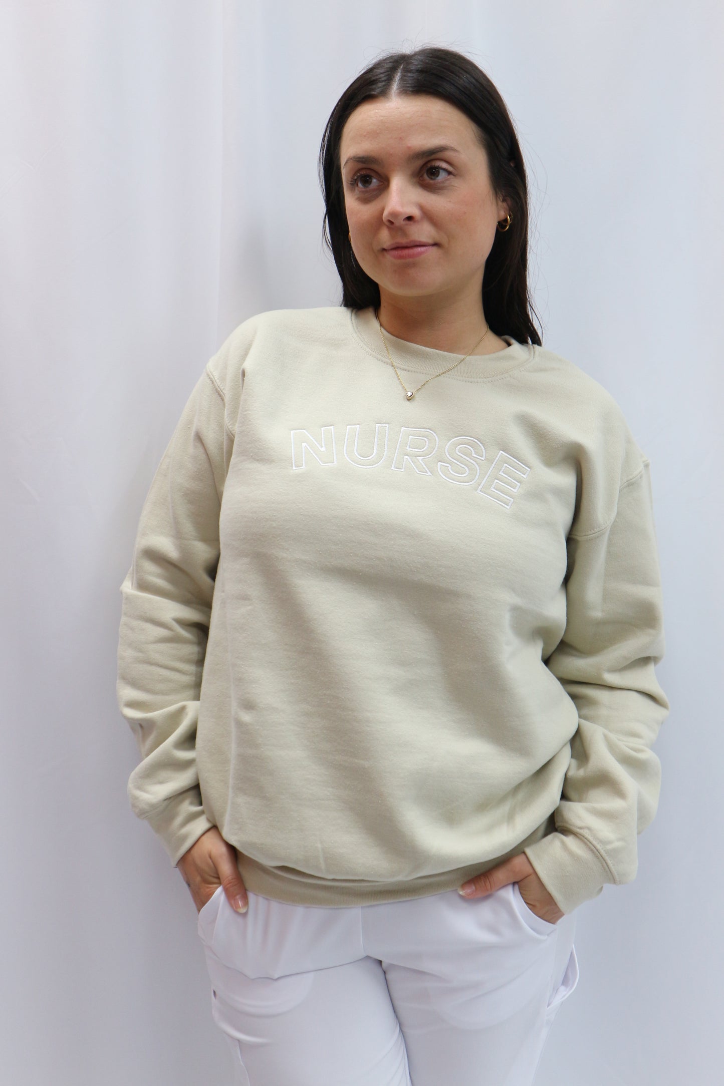 NURSE Crewneck Sweatshirt Crewneck Sweatshirt Lasalle Uniform Sand with White Font XS 