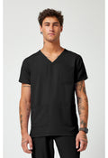 Front view of the Med Couture Rothwear Insight Men's 3-Pocket Scrub Top MC2486 in the colour black.