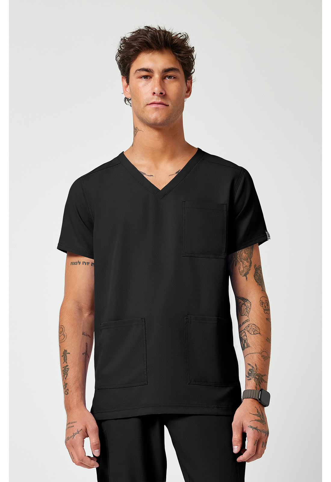 Front view of the Med Couture Rothwear Insight Men's 3-Pocket Scrub Top MC2486 in the colour black.