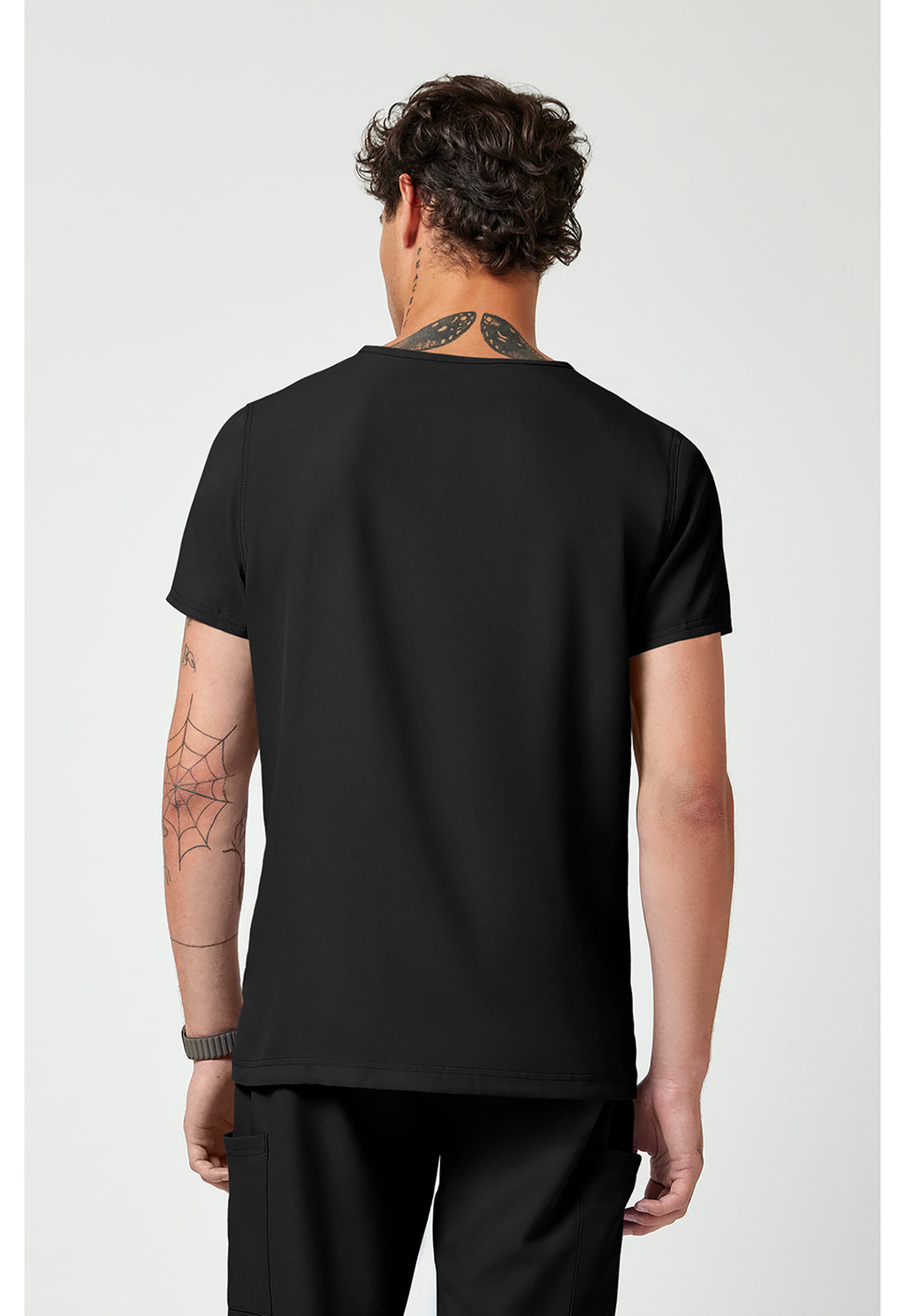 Back view of the Med Couture Rothwear Insight Men's 3-Pocket Scrub Top MC2486 in the colour black.