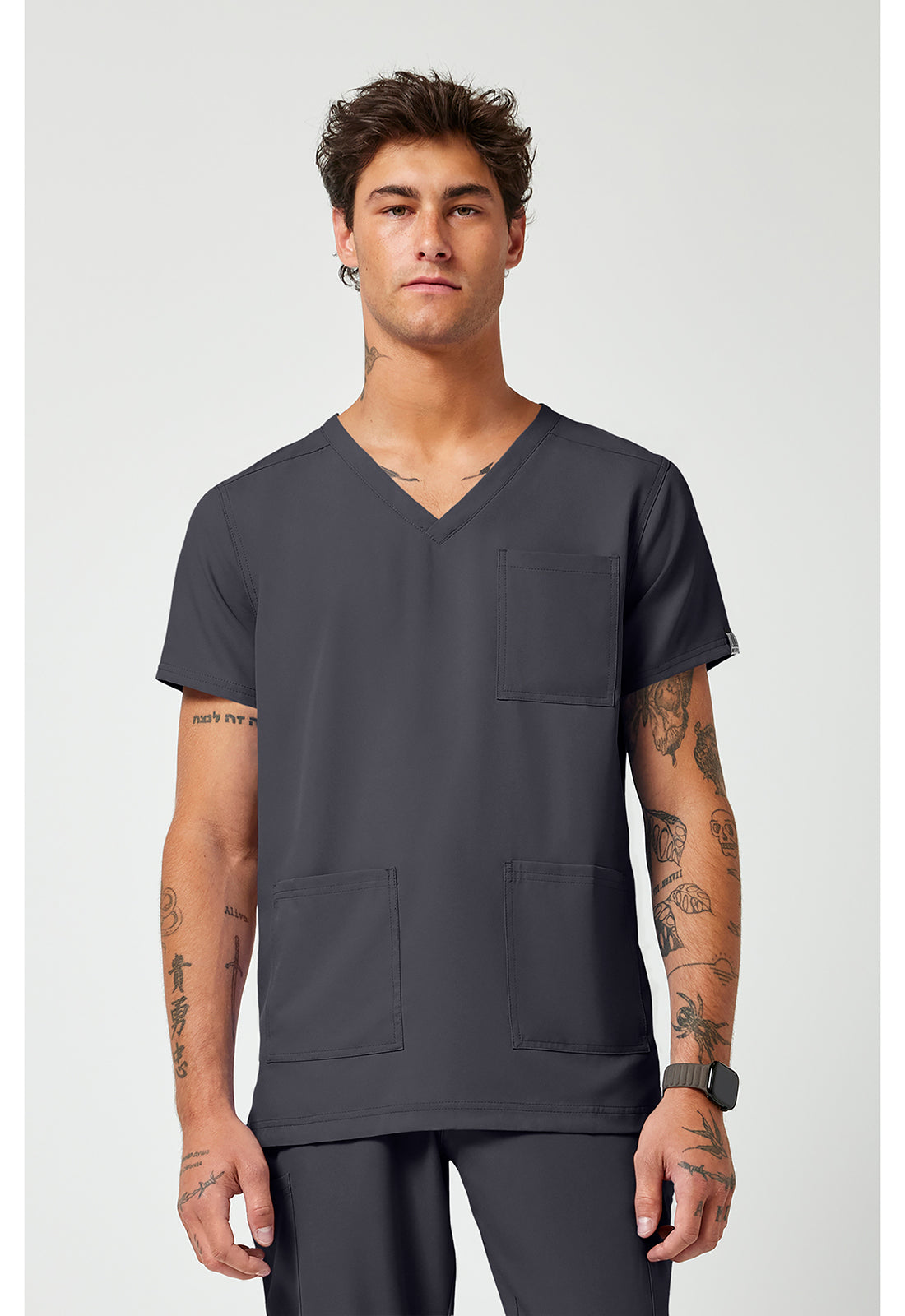 Front view of the Med Couture Rothwear Insight Men's 3-Pocket Scrub Top MC2486 in the colour pewter.