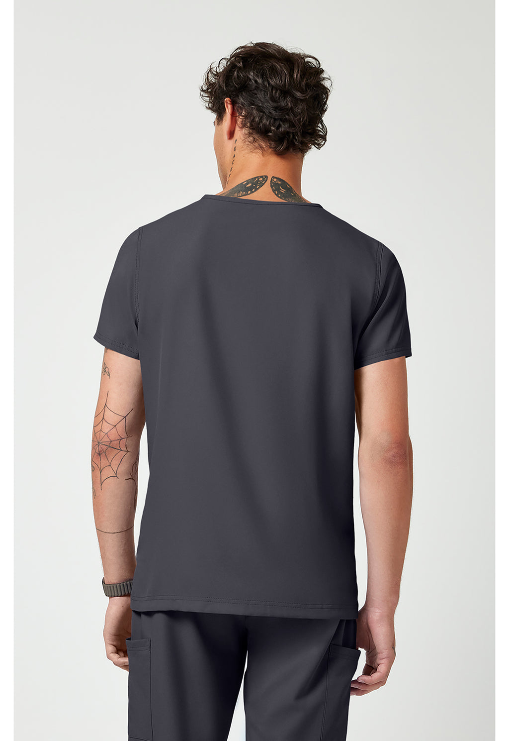 Back view of the Med Couture Rothwear Insight Men's 3-Pocket Scrub Top MC2486 in the colour pewter.