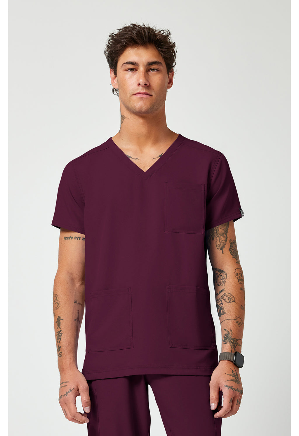 Front view MC2486 Med couture Rothwear Insight Men's Scrub top in colour wine.