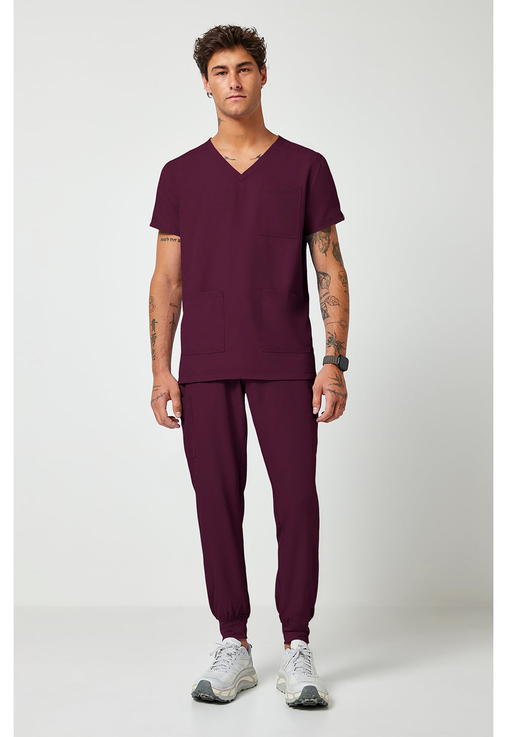 Full view MC2486 Med couture Rothwear Insight Men's Scrub top in colour wine.