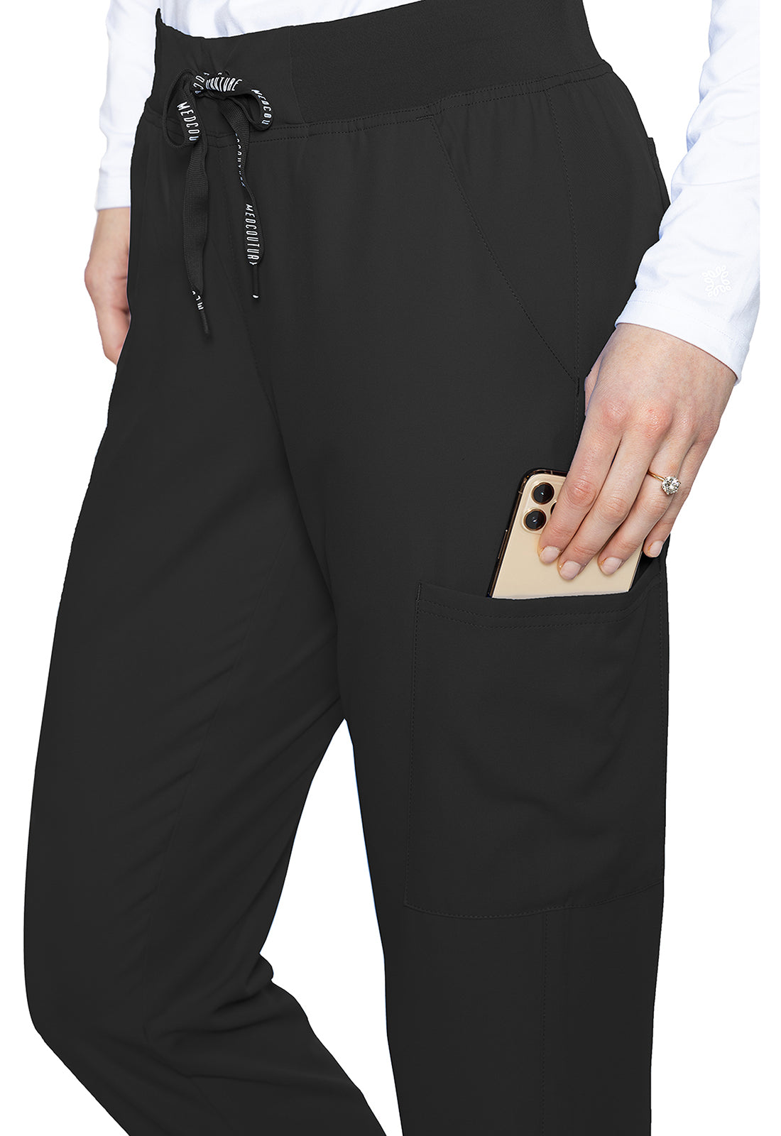 Insight 6-Pocket Scrub Jogger black womens scrub pants with elastic drawstring waist utility phone pocket by MED COUTURE Insight