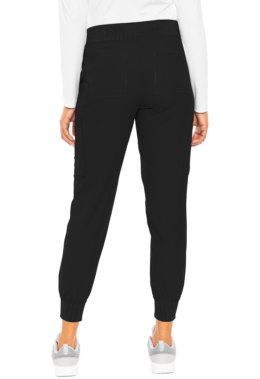 Insight 6-Pocket Scrub Jogger in black shown from the back with tapered ankle cuffs and functional pockets by MED COUTURE Insight for women's scrub workwear