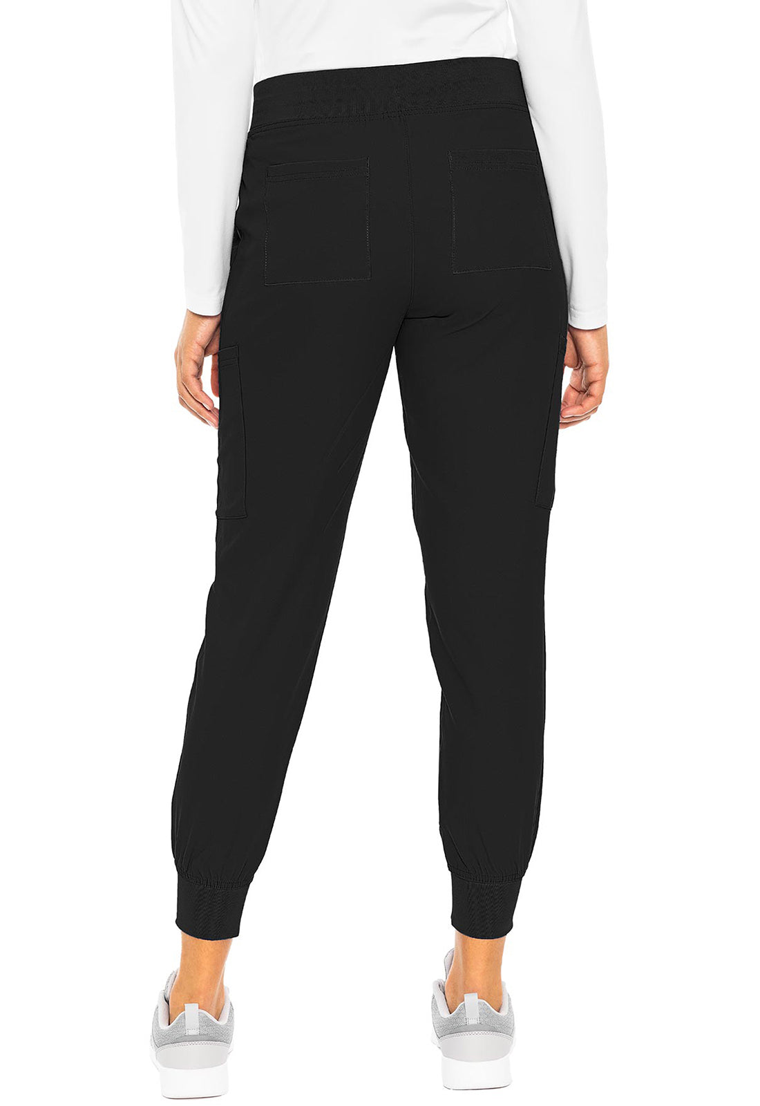 Insight 6-Pocket Scrub Jogger in black shown from the back with tapered ankle cuffs and functional pockets by MED COUTURE Insight for women's scrub workwear