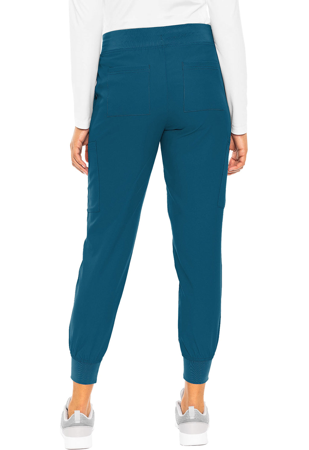 Insight 6-Pocket Scrub Jogger in teal shown from the back with elastic cuffs and athletic fit by MED COUTURE Insight