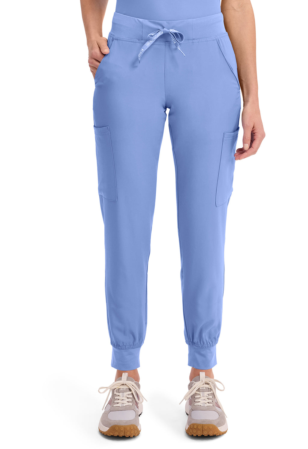 Insight 6-Pocket Scrub Jogger in blue with drawstring waist cargo pockets and elastic cuffs by MED COUTURE Insight for womens scrub workwear