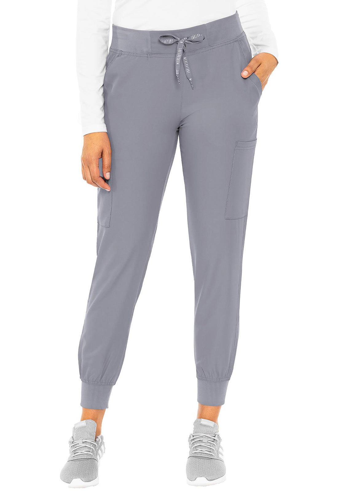 Insight 6-Pocket Scrub Jogger in gray with drawstring waist six pockets and elastic cuffs by MED COUTURE Insight