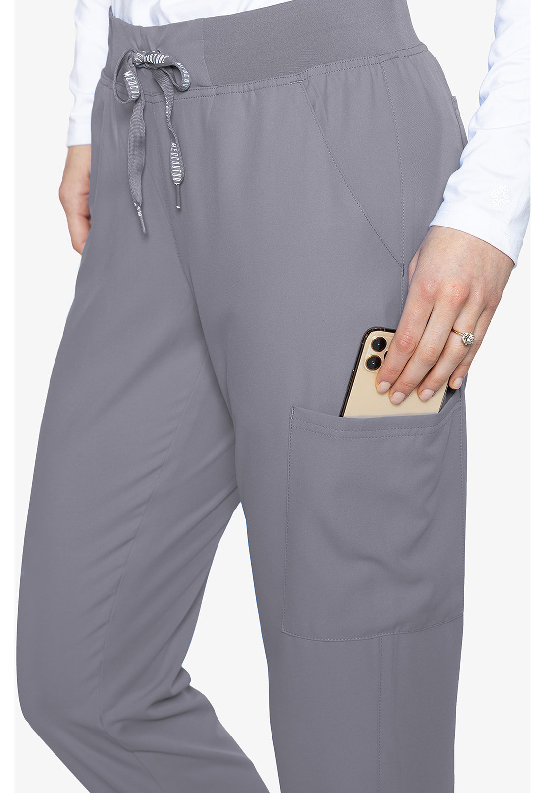 Insight 6-Pocket Scrub Jogger in gray with elastic waistband drawstring and side pocket. MED COUTURE Insight women's scrub workwear.
