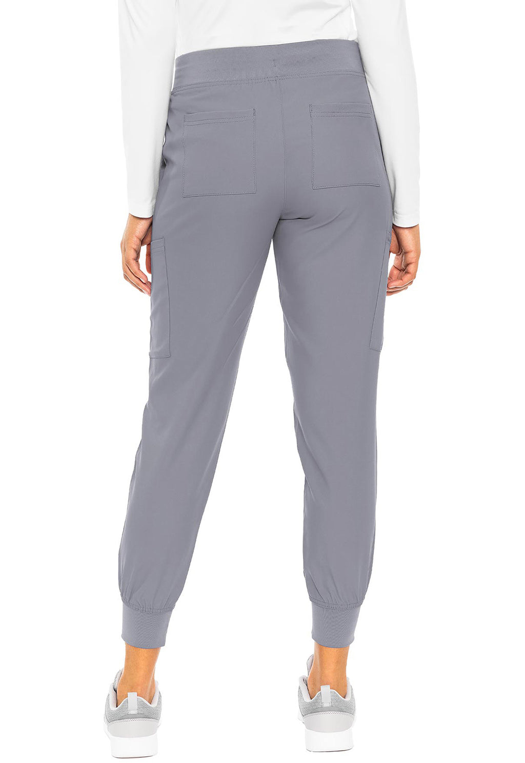 Insight 6-Pocket Scrub Jogger by MED COUTURE Insight in gray shown from the back with six pockets elastic cuffs and athletic workwear styling