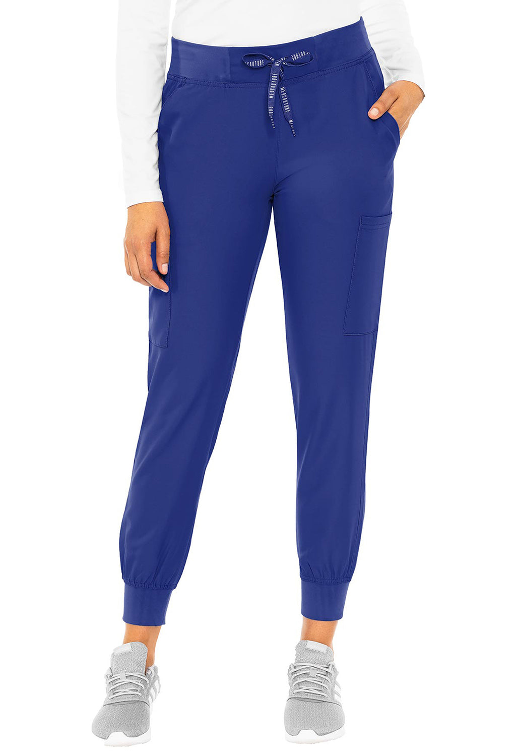 Insight 6-Pocket Scrub Jogger in royal blue with six pockets worn with a white top and sneakers by MED COUTURE Insight