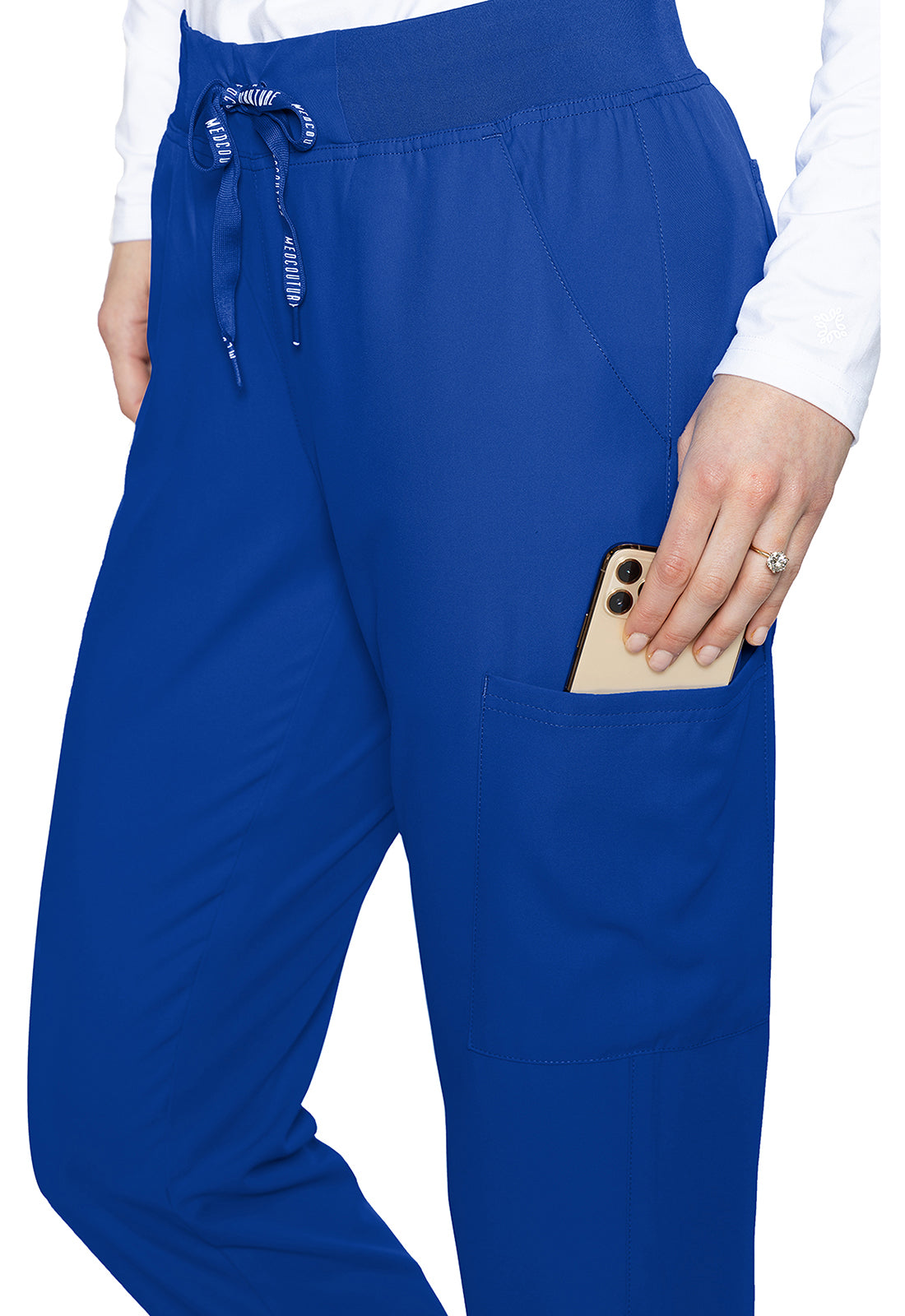 Insight 6-Pocket Scrub Jogger in blue with elastic waist drawstring and phone pocket by MED COUTURE Insight