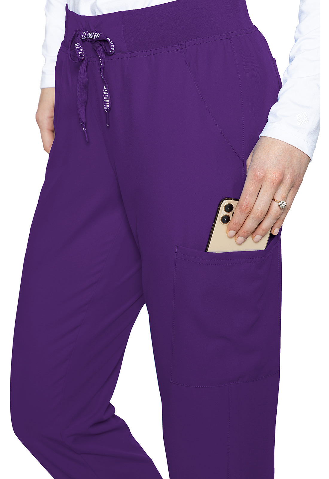 Insight 6-Pocket Scrub Jogger in purple with drawstring waist and phone pocket by MED COUTURE Insight for women's scrub workwear