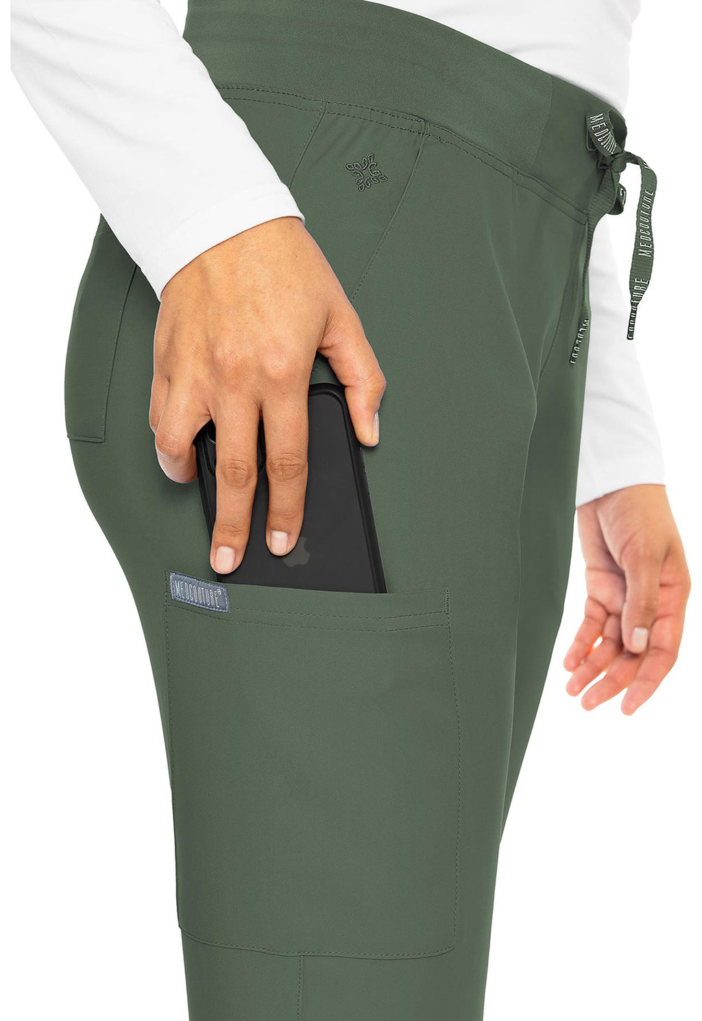 Insight 6-Pocket Scrub Jogger in olive green with side pocket and drawstring waist shown on model by MED COUTURE Insight