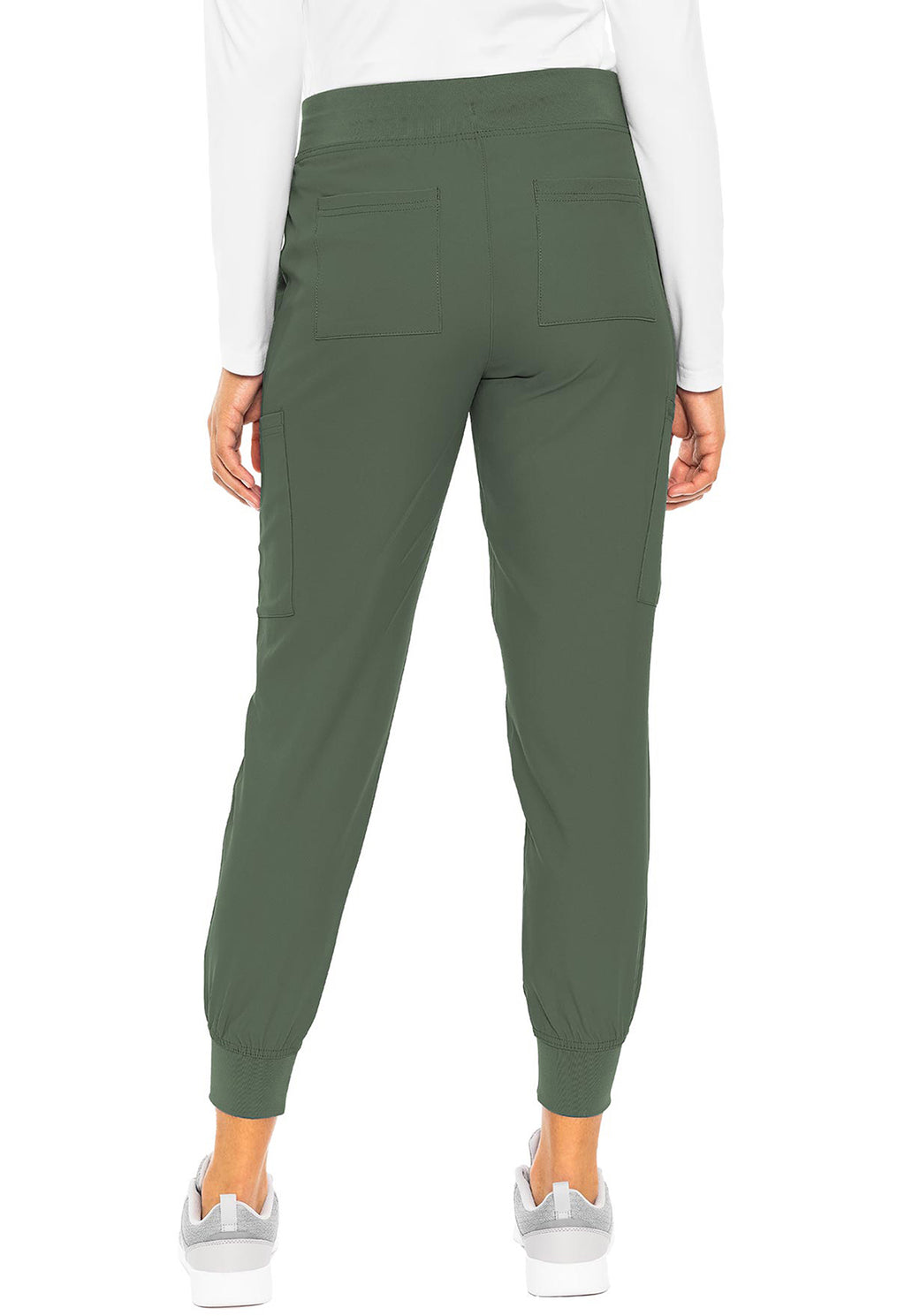 Insight 6-Pocket Scrub Jogger in green shown from the back on a model with multiple pockets and elastic cuffs by MED COUTURE Insight