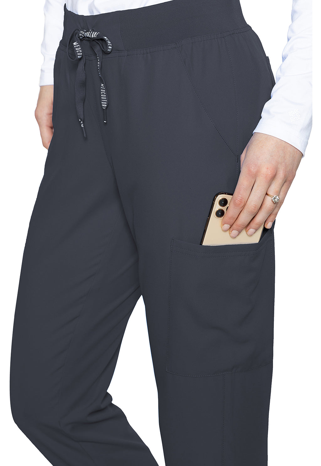 Insight 6-Pocket Scrub Jogger by MED COUTURE Insight in dark charcoal with a drawstring waist and convenient phone pocket for healthcare workwear