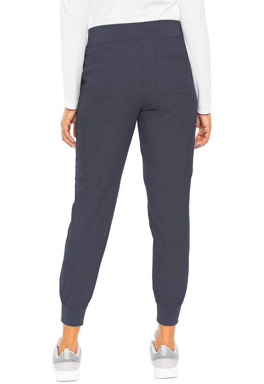 Insight 6-Pocket Scrub Jogger in dark charcoal shown from the back on a model with cuffed legs and an athletic fit by MED COUTURE Insight