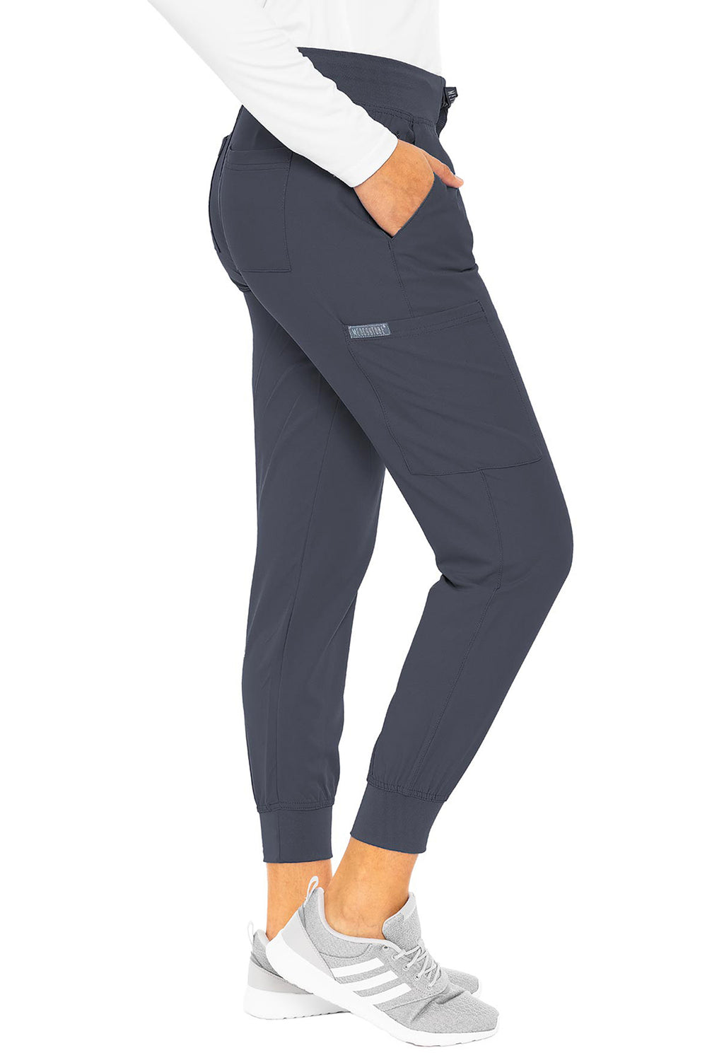 Insight 6-Pocket Scrub Jogger in charcoal by MED COUTURE Insight shown on a model with six pockets tapered legs and ankle cuffs for lightweight workwear