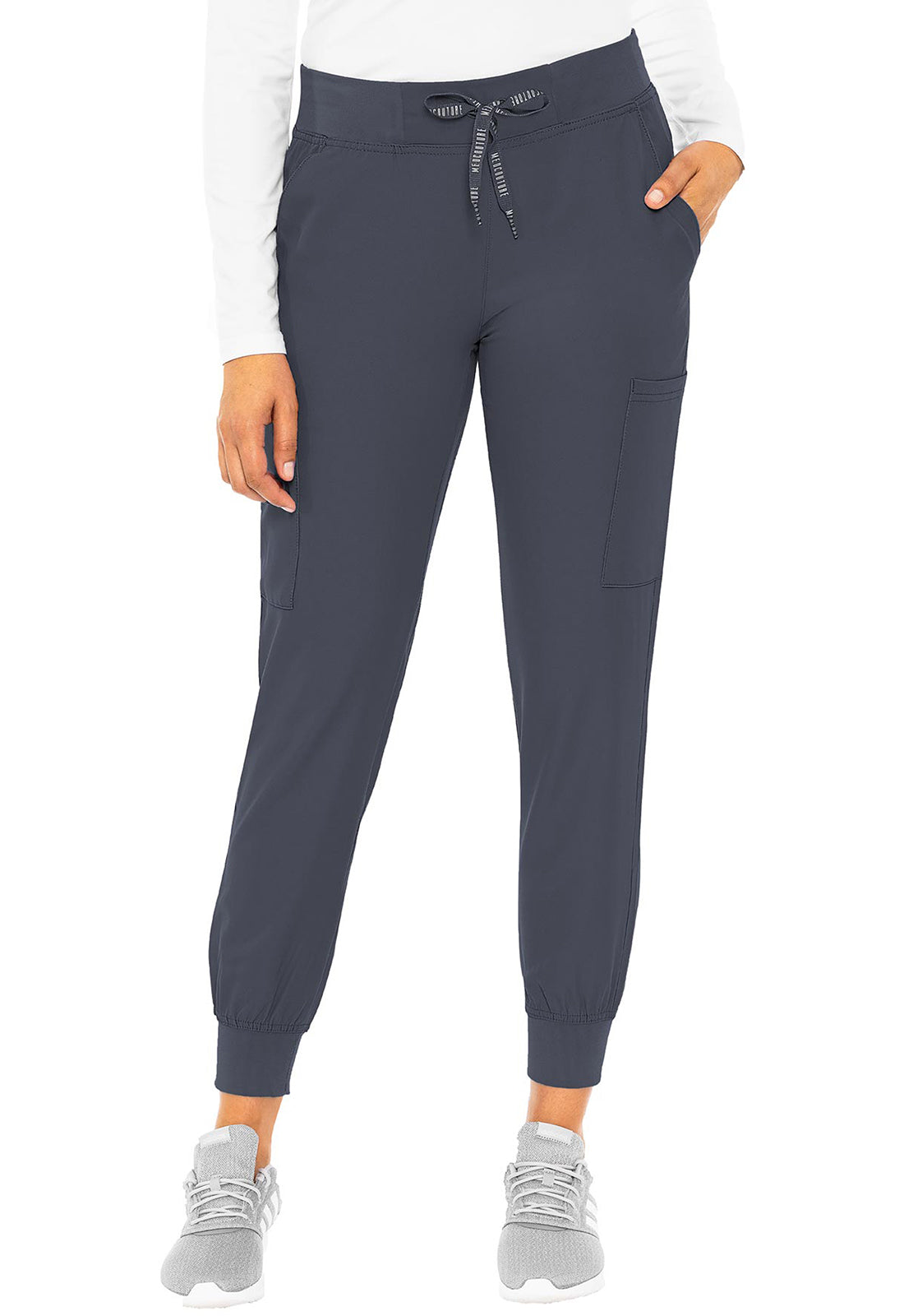 Insight 6-Pocket Scrub Jogger in dark navy with elastic cuffs and six pockets by MED COUTURE Insight for women's scrub workwear
