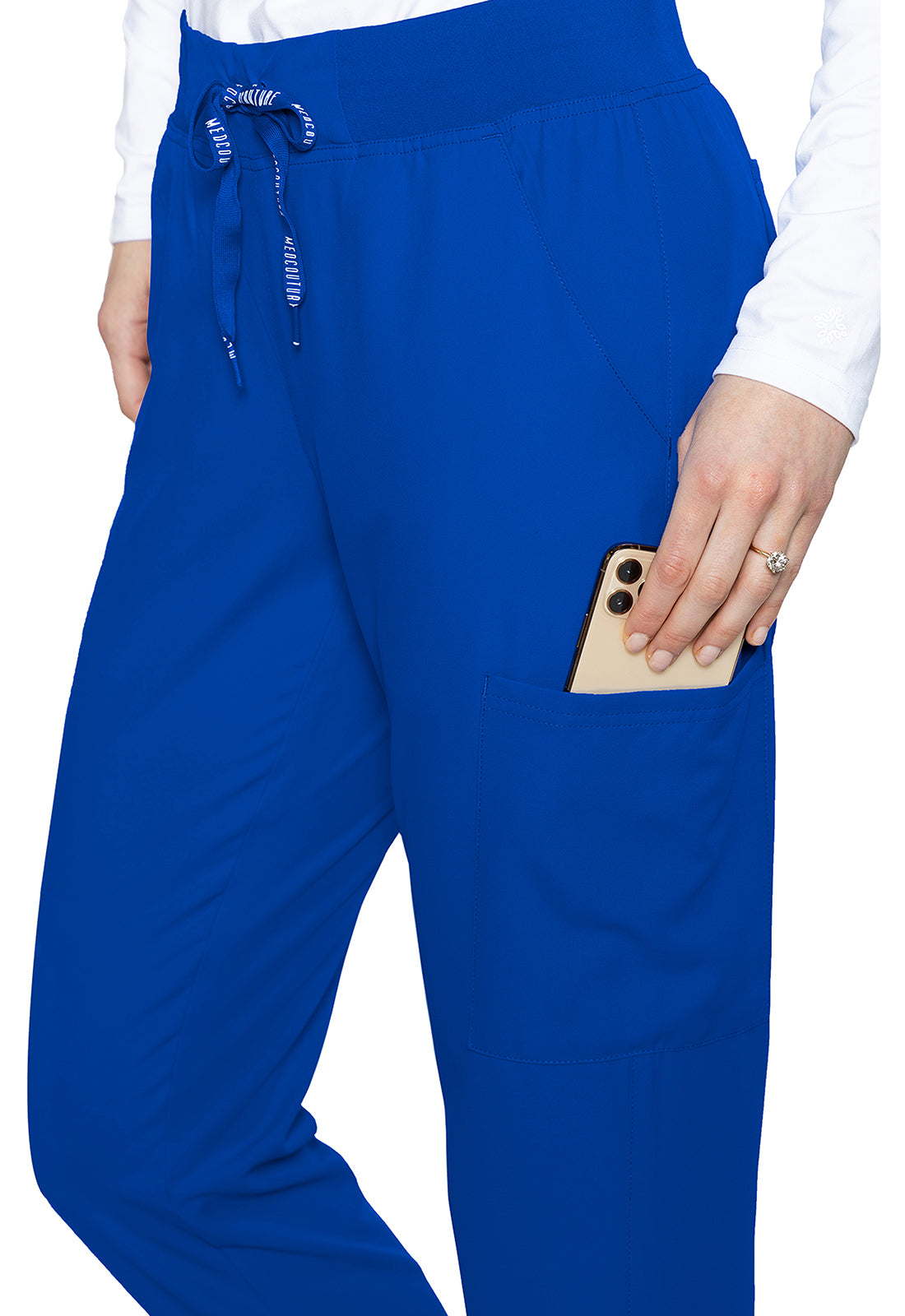 Insight 6-Pocket Scrub Jogger in royal blue with drawstring waist and utility pockets holding a phone by MED COUTURE Insight for scrub workwear