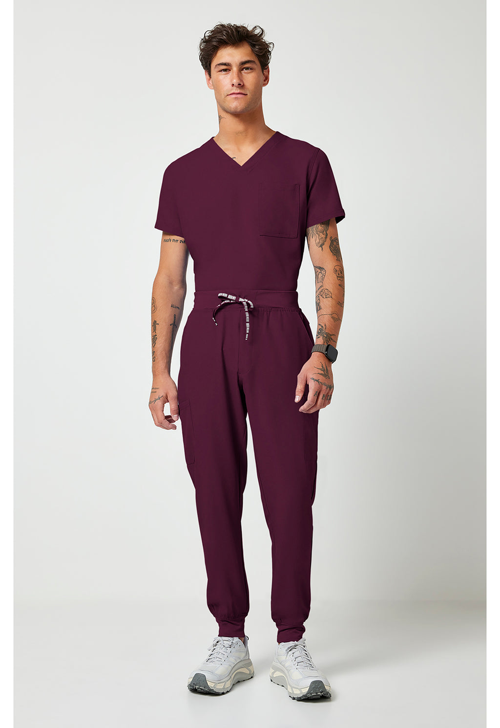 Full view of MC Rothwear Insight Men's Jogger Scrub Pants in the colour wine.