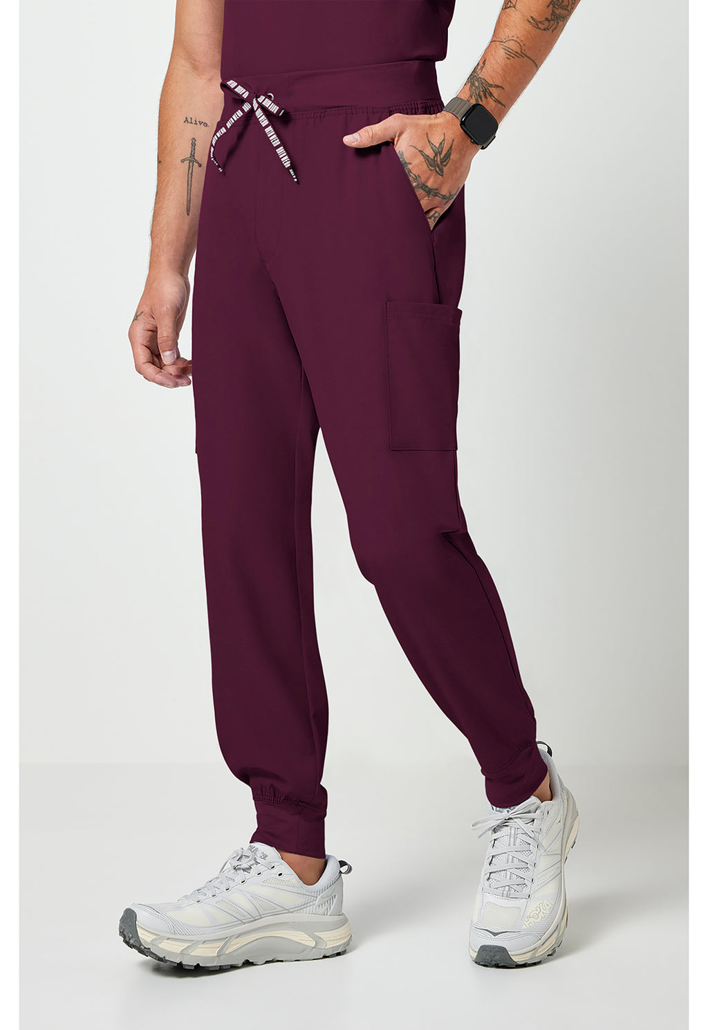 Side view of MC Rothwear Insight Men's Jogger Scrub Pants in the colour wine.