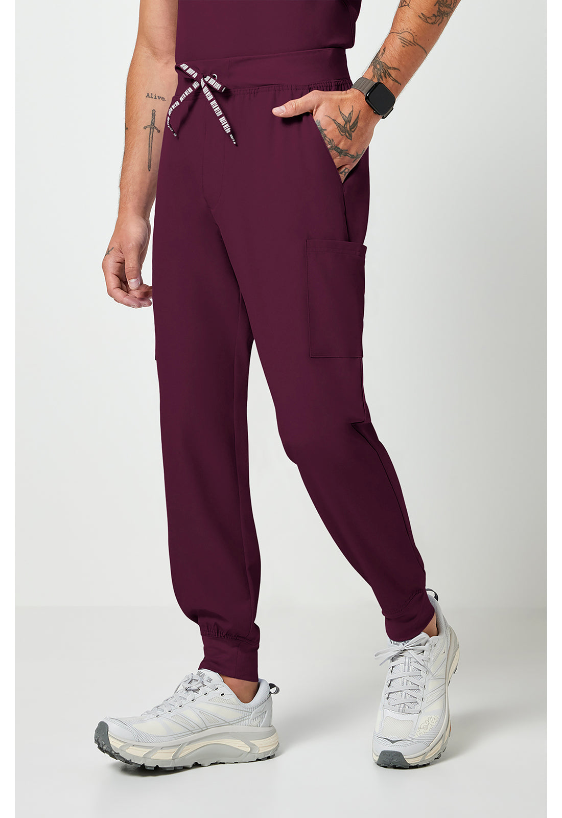 Side view of MC Rothwear Insight Men's Jogger Scrub Pants in the colour wine.
