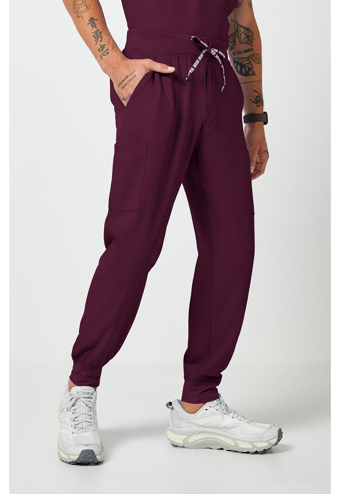 Side view of MC Rothwear Insight Men's Jogger Scrub Pants in the colour wine.