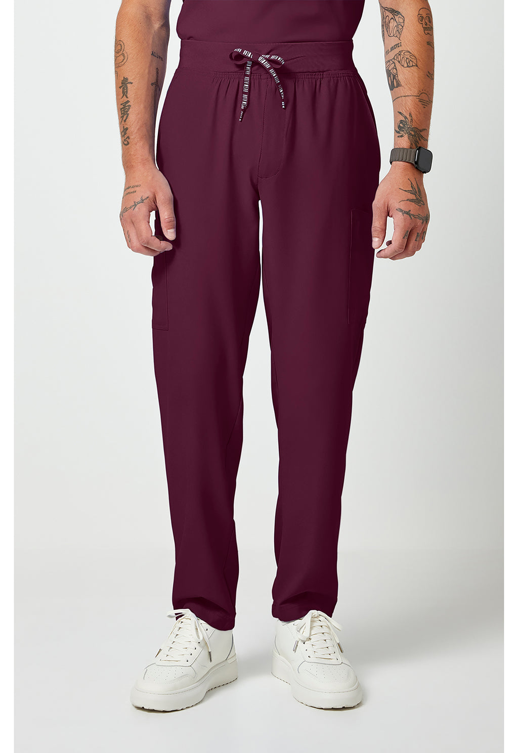 Front View Med Couture Rothwear Insight Men's scrub pant in the colour wine.