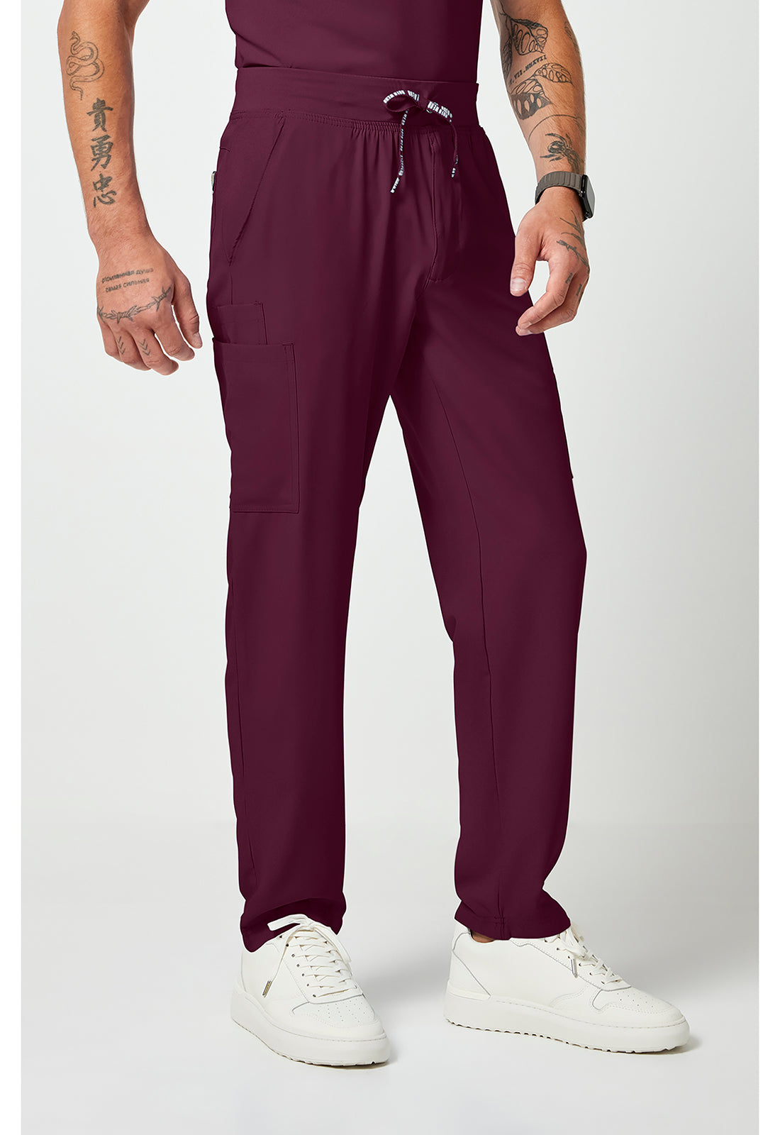 Side View Med Couture Rothwear Insight Men's scrub pant in the colour wine.
