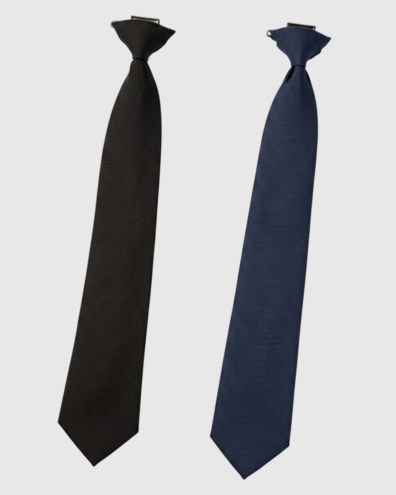OPUS NT612R Professional Clip-On Neck Tie.  Two neckties displayed side by side against a light gray background, one in black and one in navy blue.