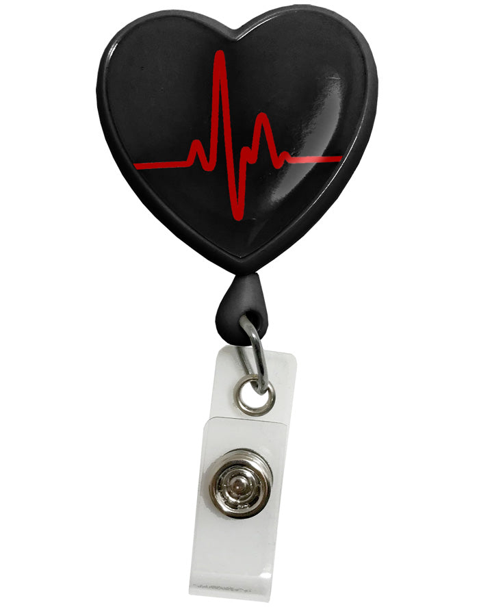 EKG Heart Black – Retractable ID Badge Holder Retractable Badge Reel Prestige Medical