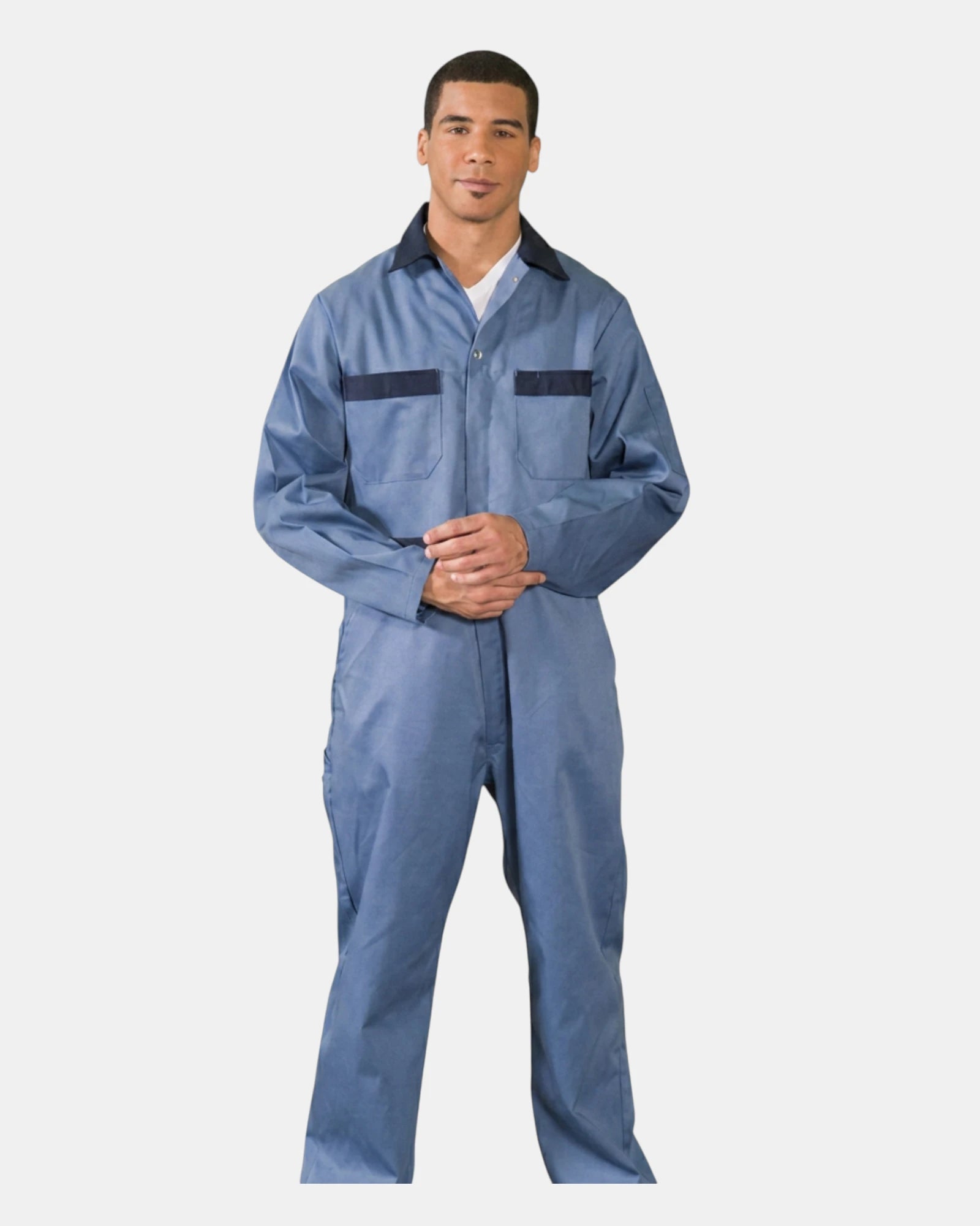 Front view of the Premium Uniform S419 Poly/Cotton Contrast Trim Coveralls in Postman blue