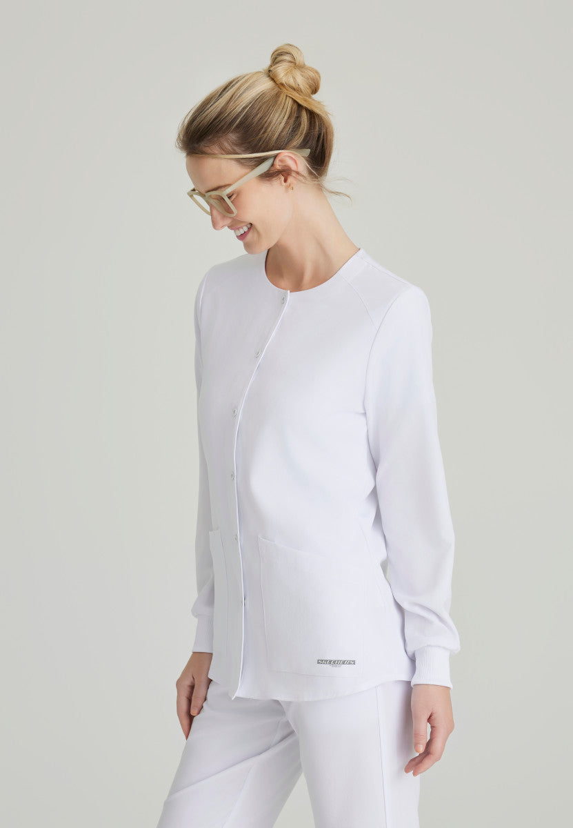 Stability 2-Pocket Crewneck Snap-Front Scrub Jacket Women's Warm Up Jacket Skechers by Barco