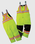 OPUS SO920 Insulated Safety Overall Bib High-visibility neon yellow work bib overalls with reflective silver and orange stripes, shown from both front and back angles on a light gray background. 