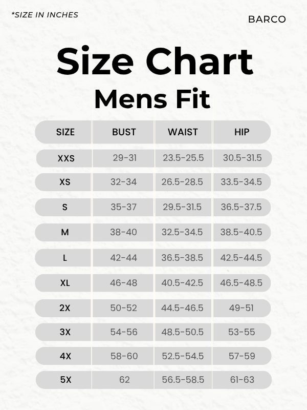 Size chart for Nipissing Nursing Men's Compass Scrub Pant