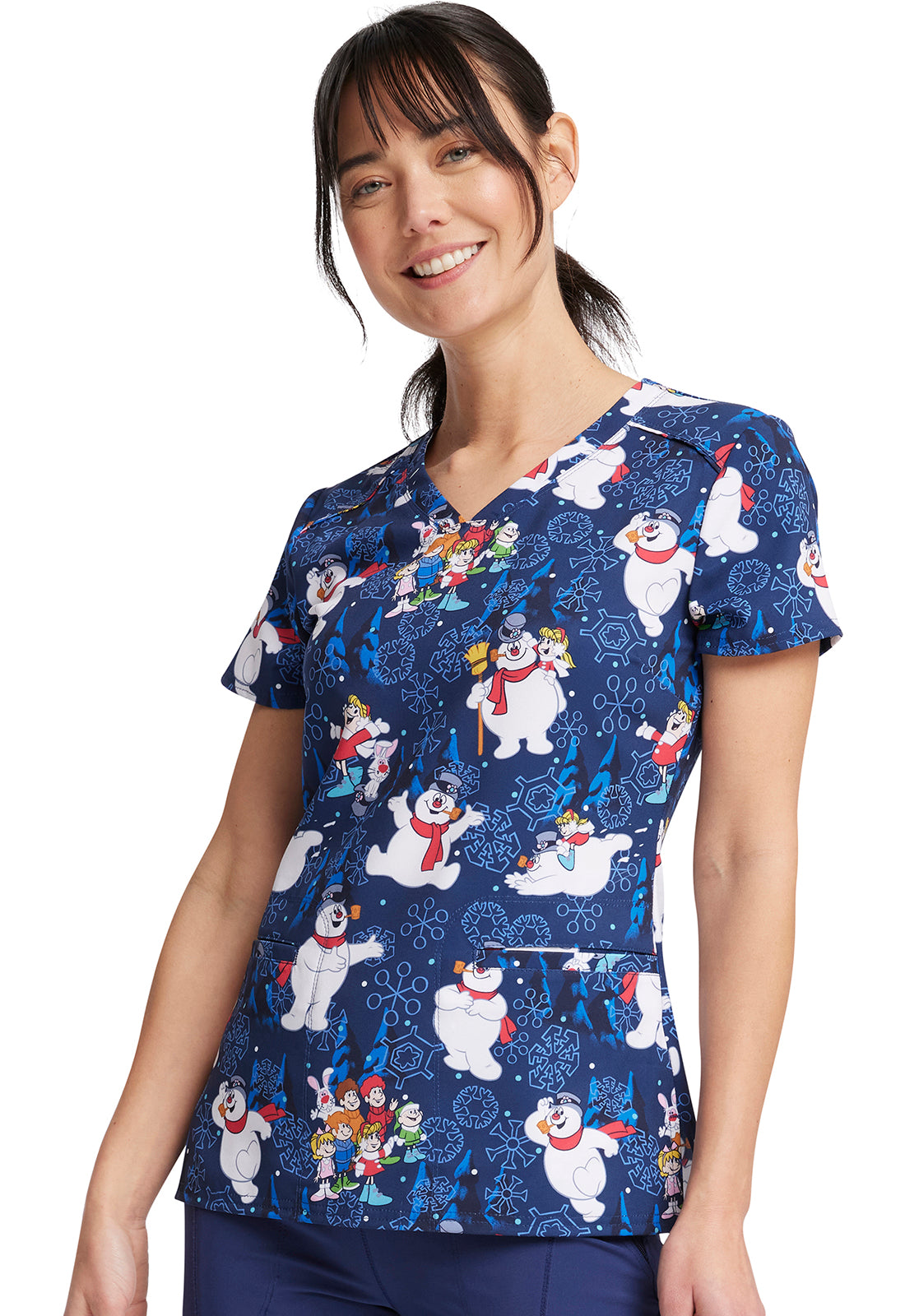 Stay Frosty V-Neck Holiday Scrub Top Women's Holiday Print Scrub Top Cherokee Licensed Stay Frosty XS
