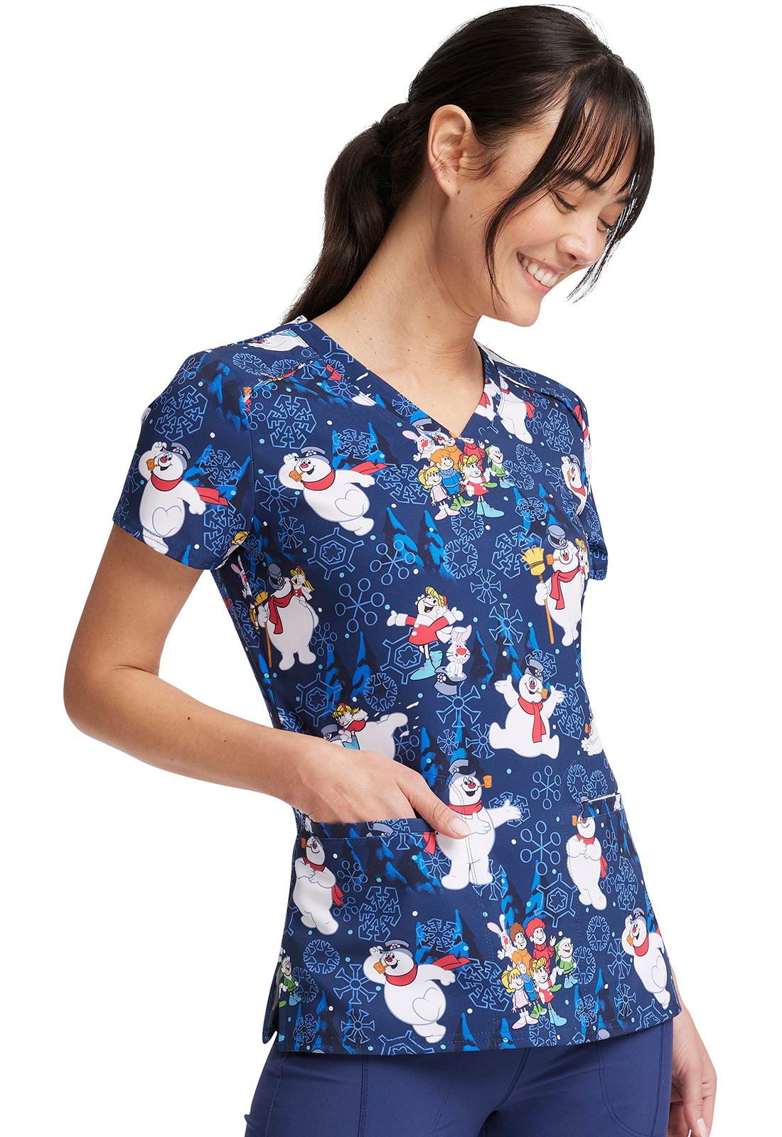 Stay Frosty V-Neck Holiday Scrub Top Women's Holiday Print Scrub Top Cherokee Licensed