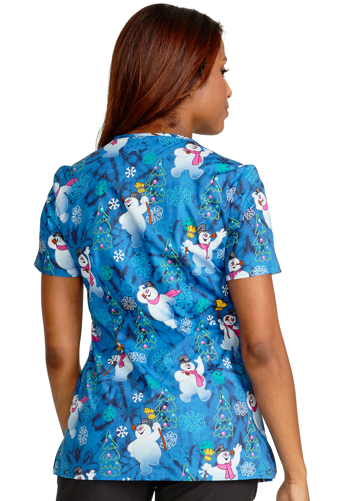 Fun Frosty V-Neck Holiday Scrub Top Women's Holiday Print Scrub Top Cherokee Licensed