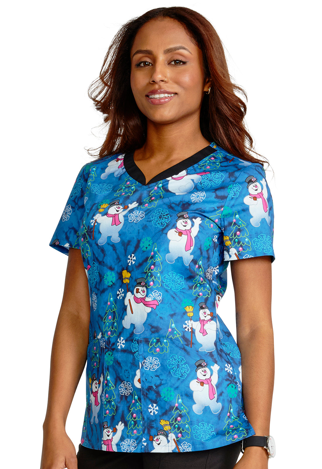 Fun Frosty V-Neck Holiday Scrub Top Women's Holiday Print Scrub Top Cherokee Licensed