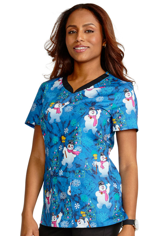 Cherokee Licensed Print Top - V-Neck Print Top in Fun Frosty Women's Holiday Print Scrub Top Cherokee Licensed   