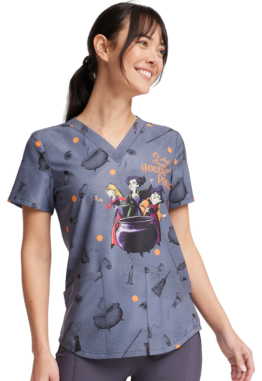 Hocus Pocus V-Neck Scrub Top Women's Holiday Print Scrub Top Cherokee Prints   